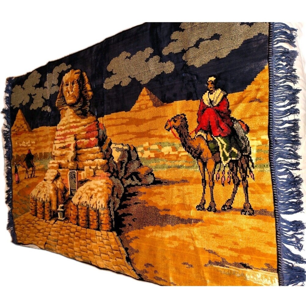 ​Vintage Large Velvet Egyptian Tapestry 59x39, Mid Century Sphinx Pyramids Camel